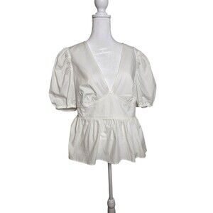 Topshop Women Top 12 White Deep V Neck Puff Sleeve Poplin Peplum Open Back